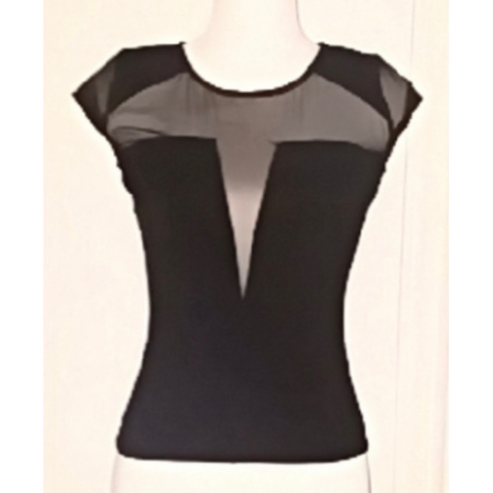 GUESS Ponte-Knit Crop Baby Tee Semi-Sheer Mesh Panels Retro Dressy Black XS